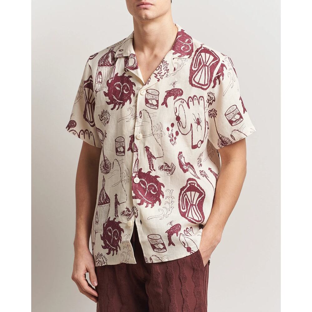 OAS Cuba Linen Cantina Scribble Print Beige Shirt Medium NEW Short Sleeve Button